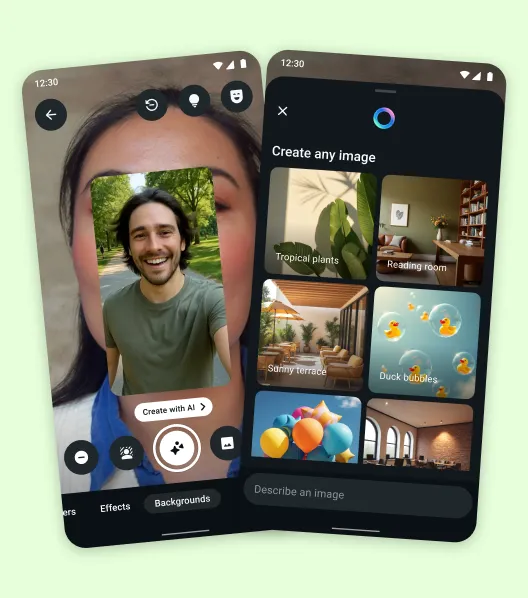Two mobile devices displaying the UI screens related to adding video effects to video calls