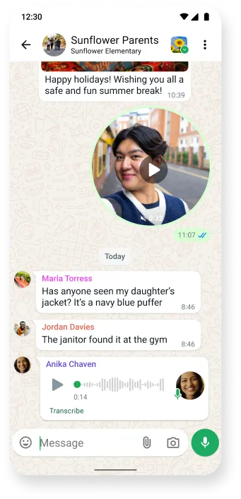 whatsapp chat thread screenshot featuring multimedia conversation with video, text, and voice messages, showcasing seamless communication on the popular messaging app
