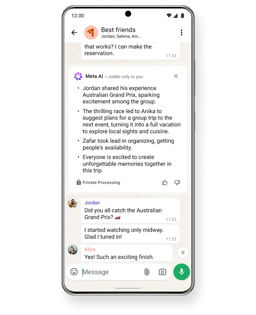 Smartphone showing a group chat called "Fans" with messages about the Grand Prix, participant names, emojis, and a send button.