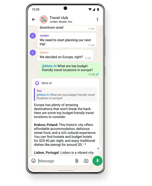 Smartphone showing a group chat called "Travel club" planning a trip to Europe, with Meta AI giving travel tips.