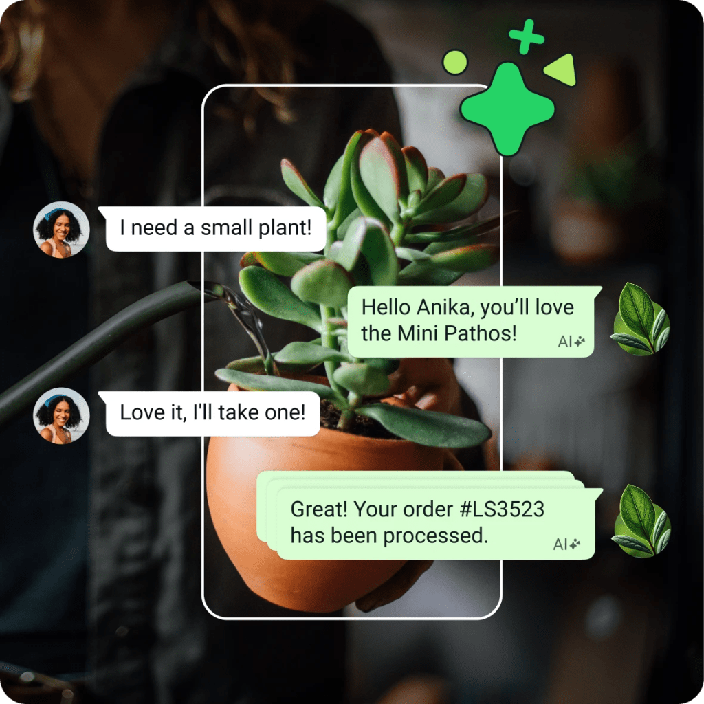 Business AI conversation overlayed on a Mini Pathos plant